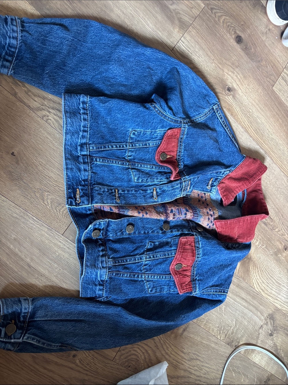 BDG Blue Denim Jacket with Red Corduroy Accents